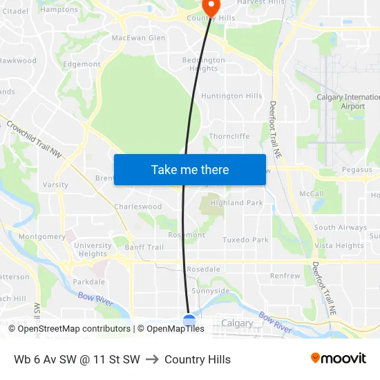 Wb 6 Av SW @ 11 St SW to Country Hills map