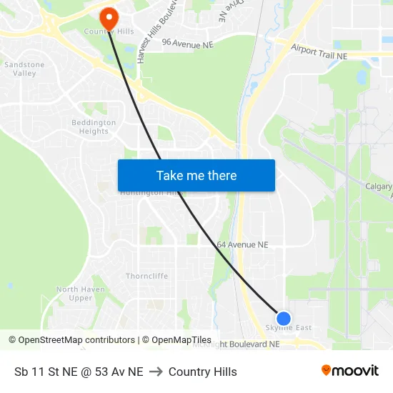 Sb 11 St NE @ 53 Av NE to Country Hills map