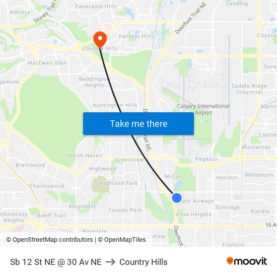 Sb 12 St NE @ 30 Av NE to Country Hills map