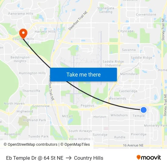 Eb Temple Dr @ 64 St NE to Country Hills map