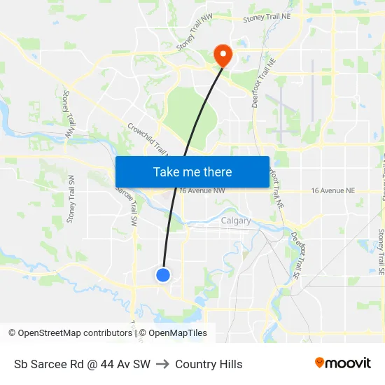 Sb Sarcee Rd @ 44 Av SW to Country Hills map