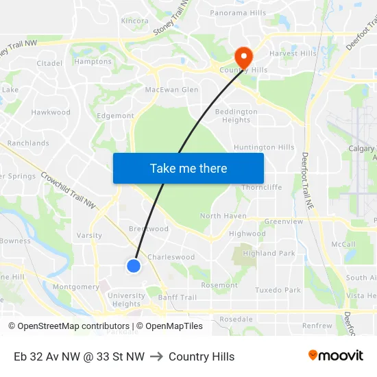 Eb 32 Av NW @ 33 St NW to Country Hills map