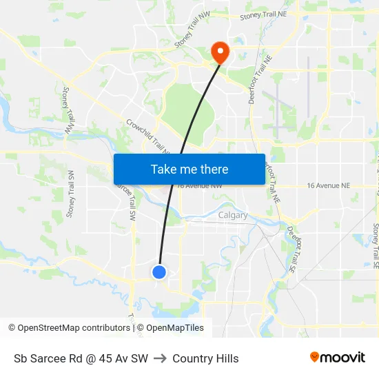 Sb Sarcee Rd @ 45 Av SW to Country Hills map