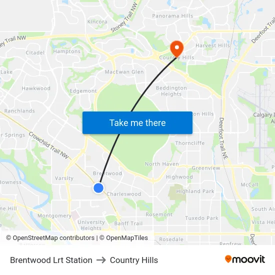 Brentwood Lrt Station to Country Hills map