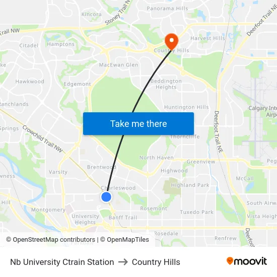 Nb University Ctrain Station to Country Hills map