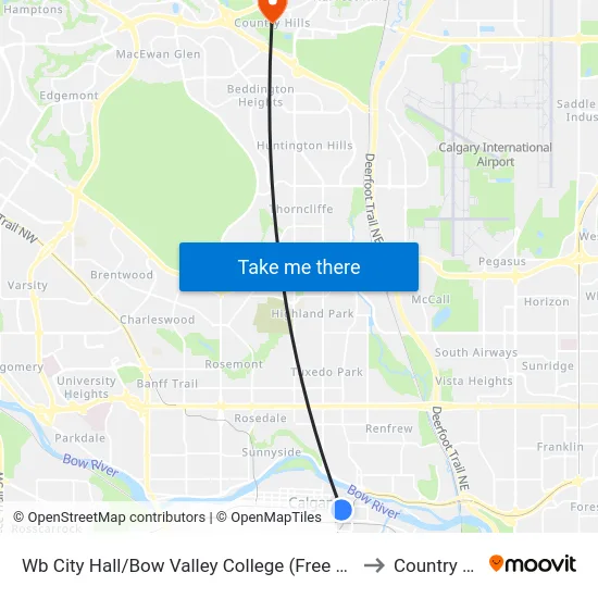 Wb City Hall/Bow Valley College (Free Fare Zone) to Country Hills map