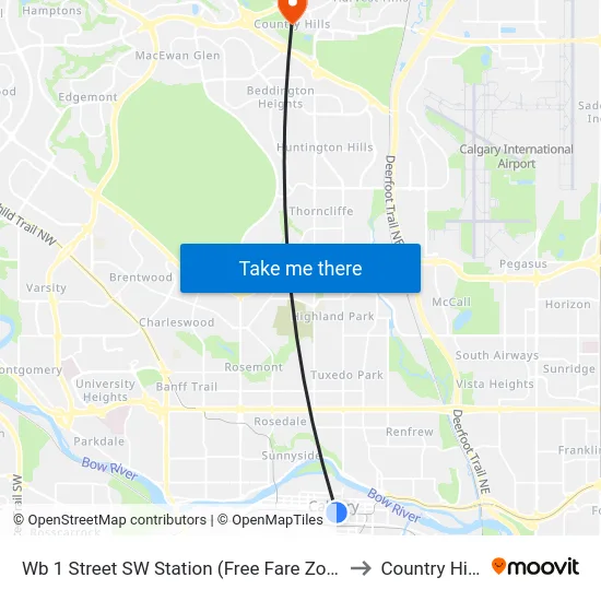 Wb 1 Street SW Station (Free Fare Zone) to Country Hills map