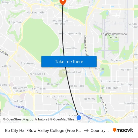 Eb City Hall/Bow Valley College (Free Fare Zone) to Country Hills map