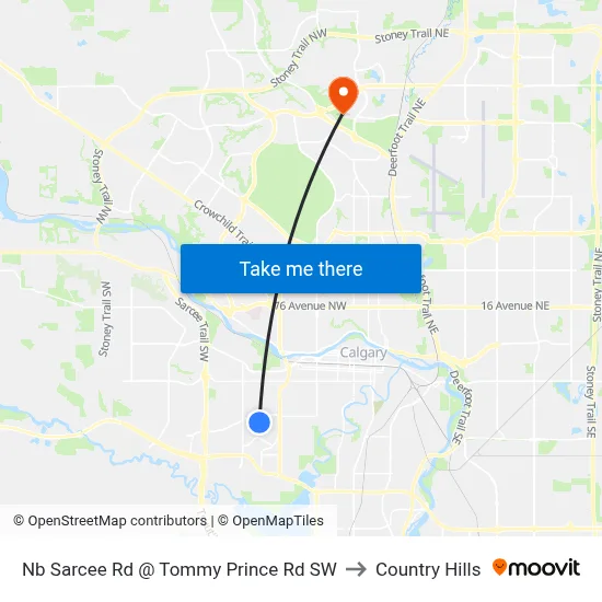 Nb Sarcee Rd @ Tommy Prince Rd SW to Country Hills map