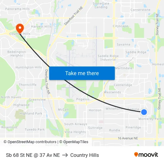 Sb 68 St NE @ 37 Av NE to Country Hills map