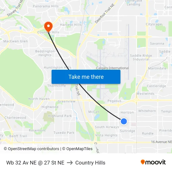 Wb 32 Av NE @ 27 St NE to Country Hills map