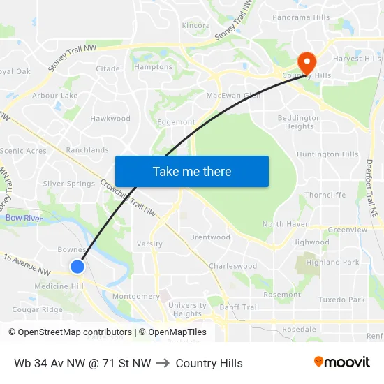 Wb 34 Av NW @ 71 St NW to Country Hills map