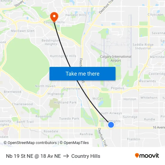 Nb 19 St NE @ 18 Av NE to Country Hills map