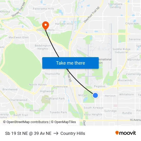 Sb 19 St NE @ 39 Av NE to Country Hills map