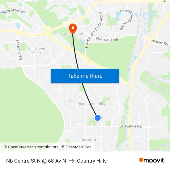 Nb Centre St N @ 68 Av N to Country Hills map