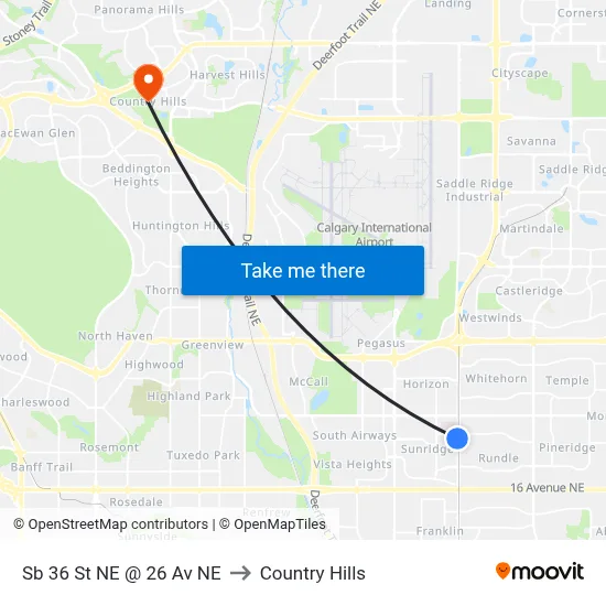 Sb 36 St NE @ 26 Av NE to Country Hills map