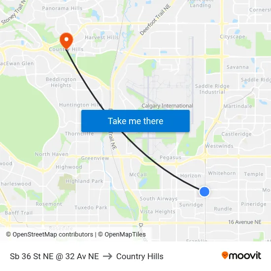 Sb 36 St NE @ 32 Av NE to Country Hills map