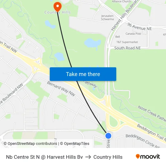 Nb Centre St N @ Harvest Hills Bv to Country Hills map