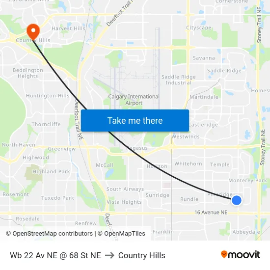 Wb 22 Av NE @ 68 St NE to Country Hills map