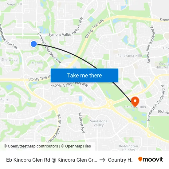 Eb Kincora Glen Rd @ Kincora Glen Gr NW to Country Hills map