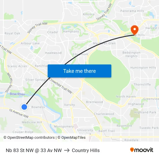 Nb 83 St NW @ 33 Av NW to Country Hills map