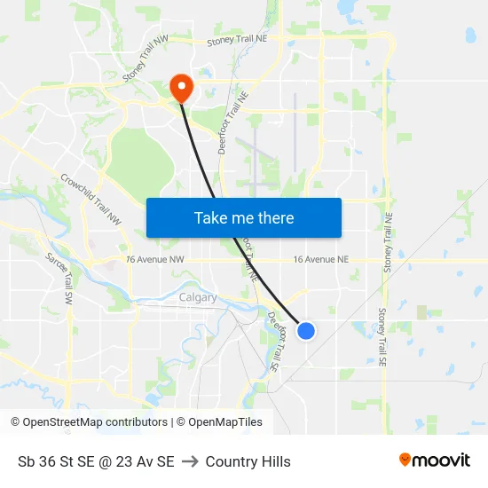 Sb 36 St SE @ 23 Av SE to Country Hills map