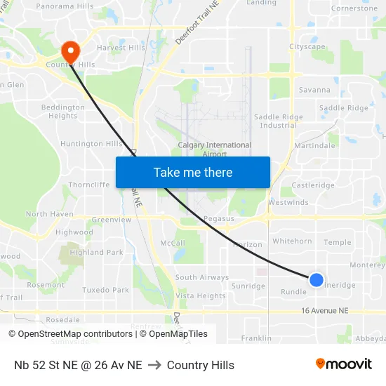 Nb 52 St NE @ 26 Av NE to Country Hills map