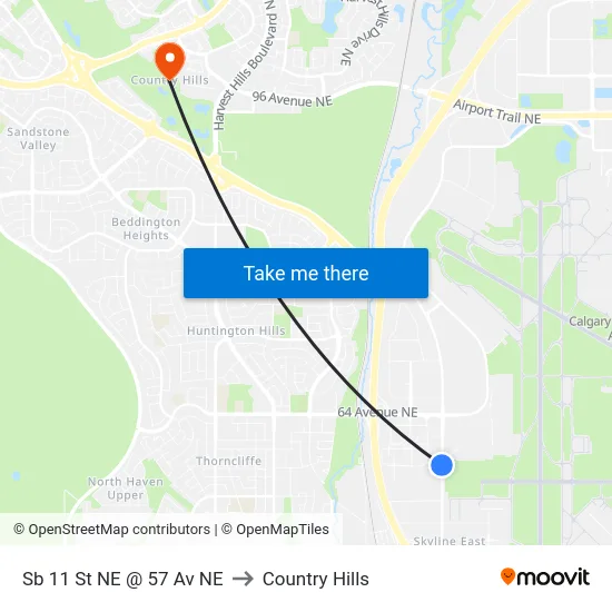 Sb 11 St NE @ 57 Av NE to Country Hills map
