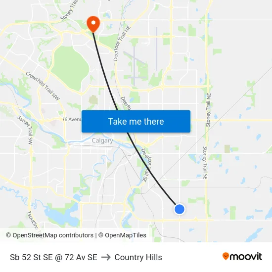 Sb 52 St SE @ 72 Av SE to Country Hills map