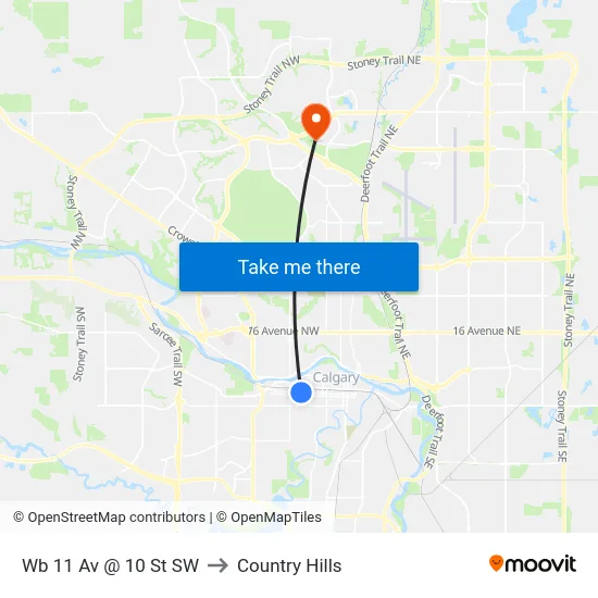 Wb 11 Av @ 10 St SW to Country Hills map