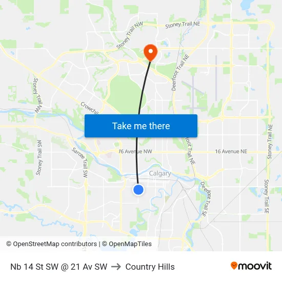 Nb 14 St SW @ 21 Av SW to Country Hills map