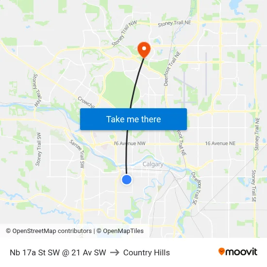 Nb 17a St SW @ 21 Av SW to Country Hills map