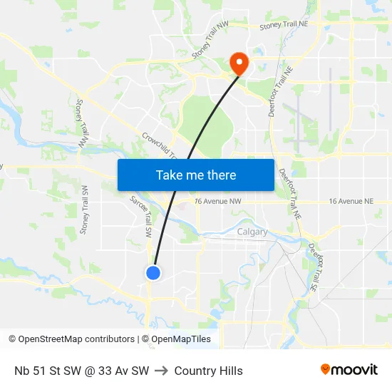 Nb 51 St SW @ 33 Av SW to Country Hills map