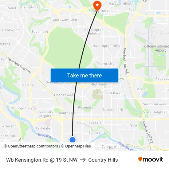 Wb Kensington Rd @ 19 St NW to Country Hills map
