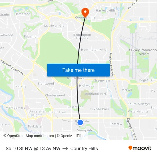 Sb 10 St NW @ 13 Av NW to Country Hills map