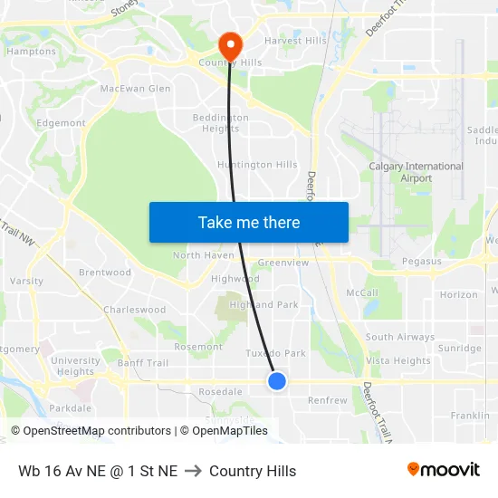 Wb 16 Av NE @ 1 St NE to Country Hills map