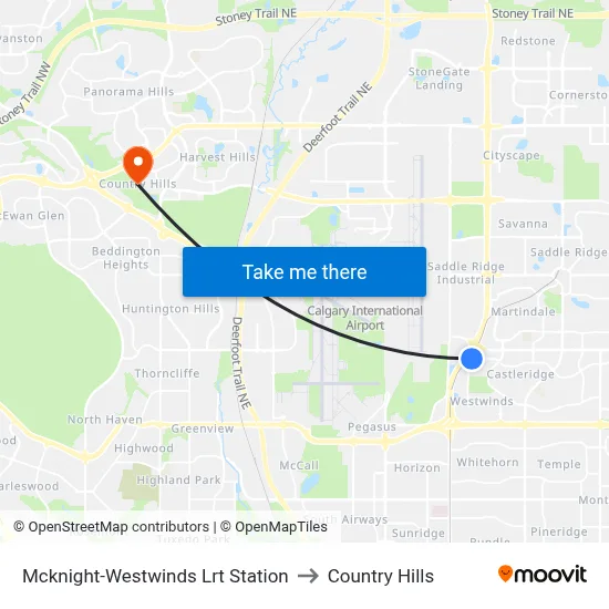 Mcknight-Westwinds Lrt Station to Country Hills map