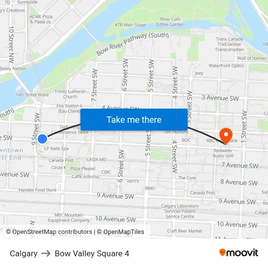 Calgary to Bow Valley Square 4 map