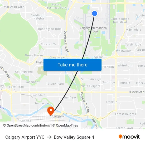 Calgary Airport YYC to Bow Valley Square 4 map