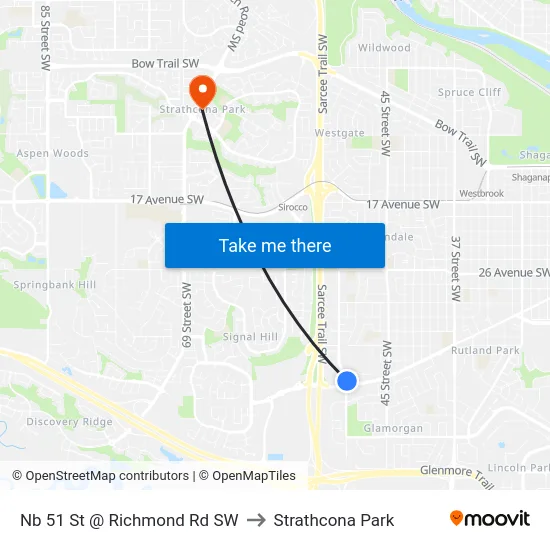 Nb 51 St @ Richmond Rd SW to Strathcona Park map