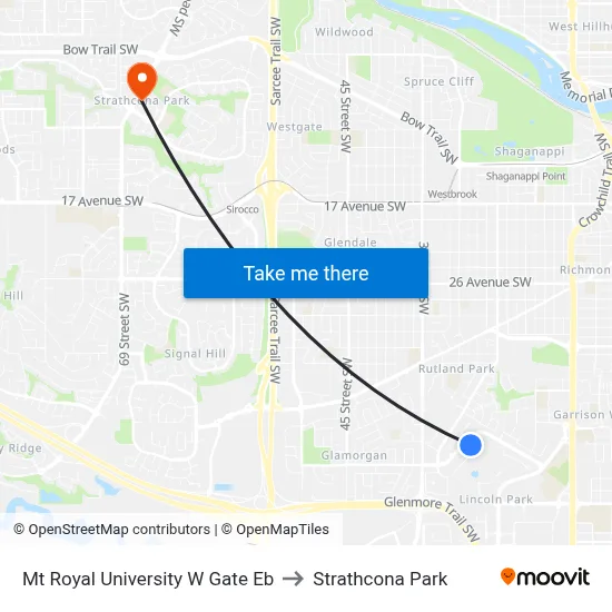 Mt Royal University W Gate Eb to Strathcona Park map