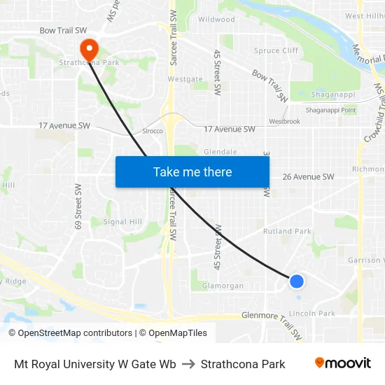 Mt Royal University W Gate Wb to Strathcona Park map