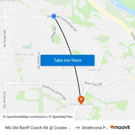 Wb Old Banff Coach Rd @ Coulee Wy SW to Strathcona Park map