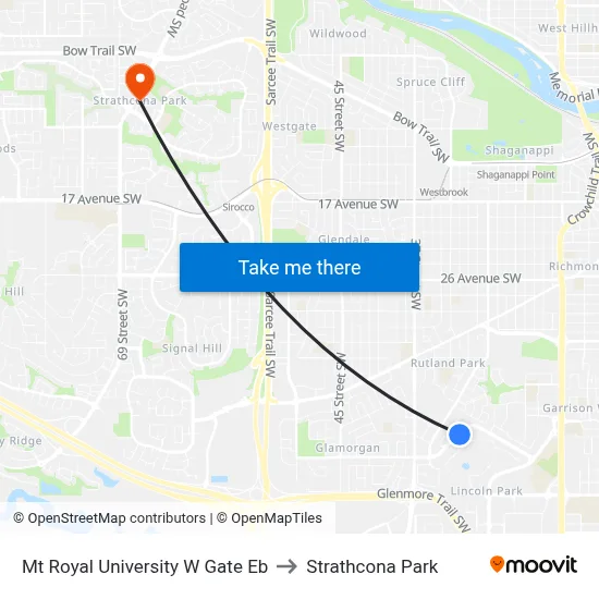 Mt Royal University W Gate Eb to Strathcona Park map