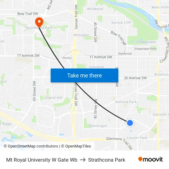 Mt Royal University W Gate Wb to Strathcona Park map