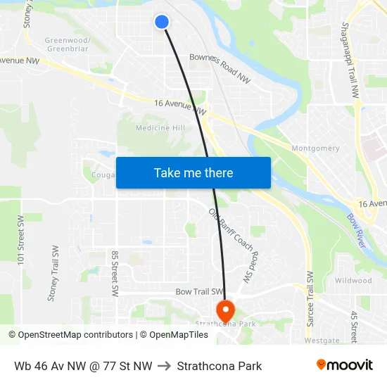 Wb 46 Av NW @ 77 St NW to Strathcona Park map