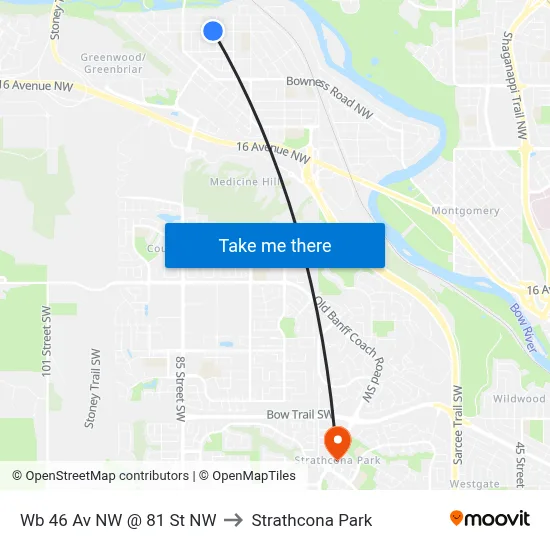 Wb 46 Av NW @ 81 St NW to Strathcona Park map