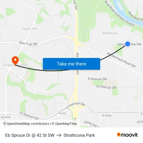 Eb Spruce Dr @ 42 St SW to Strathcona Park map