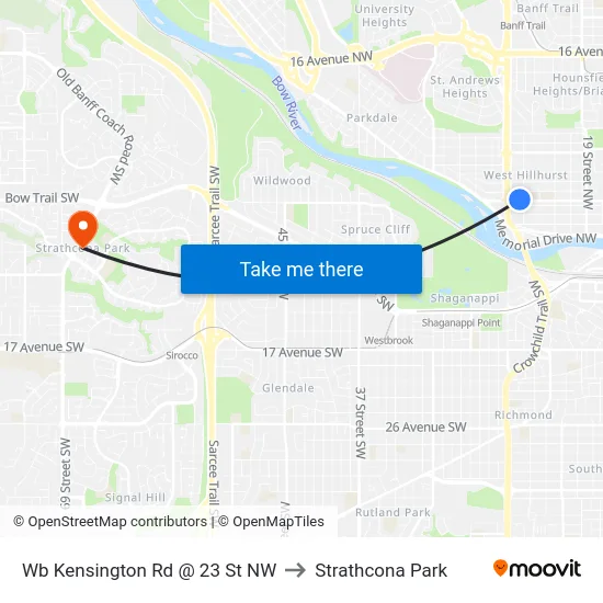 Wb Kensington Rd @ 23 St NW to Strathcona Park map