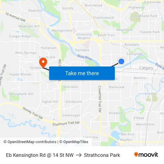 Eb Kensington Rd @ 14 St NW to Strathcona Park map